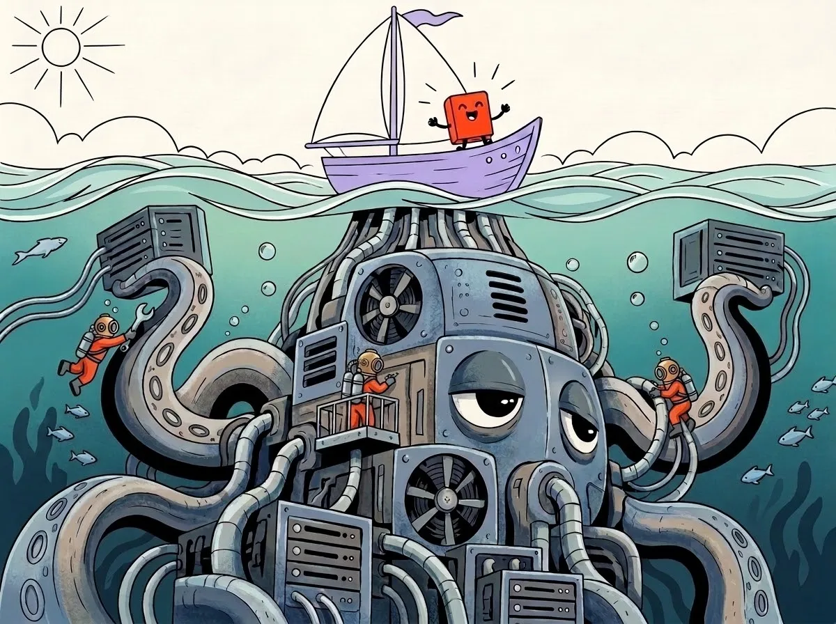 Line-and-flat-colour illustration: a cheerful little red feature sailing a small boat, unaware the hull is the tip of an enormous submerged machine of servers and cables tended by divers