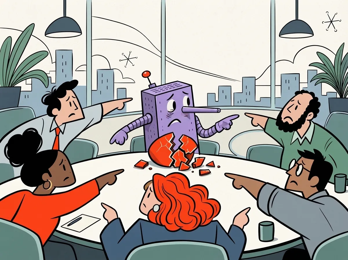 Line-and-flat-colour illustration: six executives around a boardroom table all pointing at a long-nosed machine standing over a shattered red object