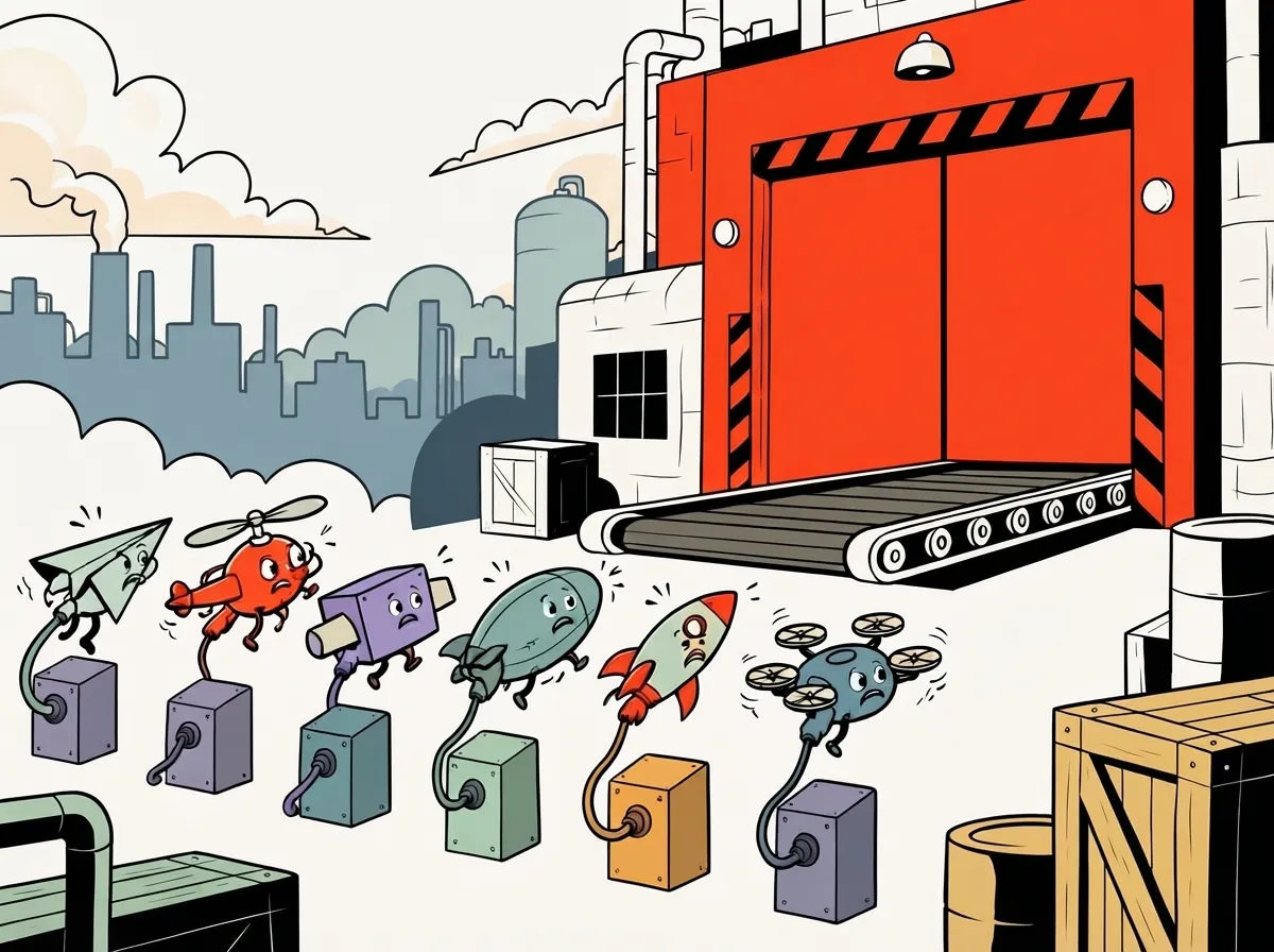 Line-and-flat-colour illustration: six anxious flying machines tethered to power boxes outside a factory whose red shipping door stays shut
